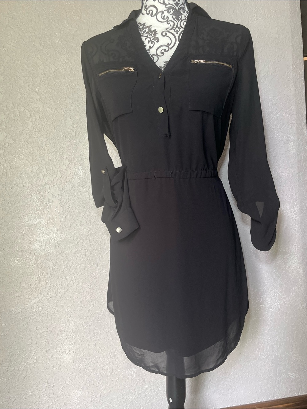 Charlotte Russe Black Long Sleeve Shirt Dress with Gold Zipper Details